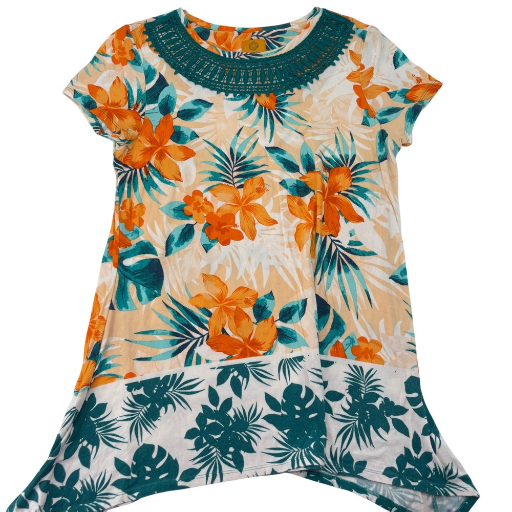 Ruby Rd. Tropical Floral Palm Print Crochet Lace Neck Tunic Top Orange Teal M